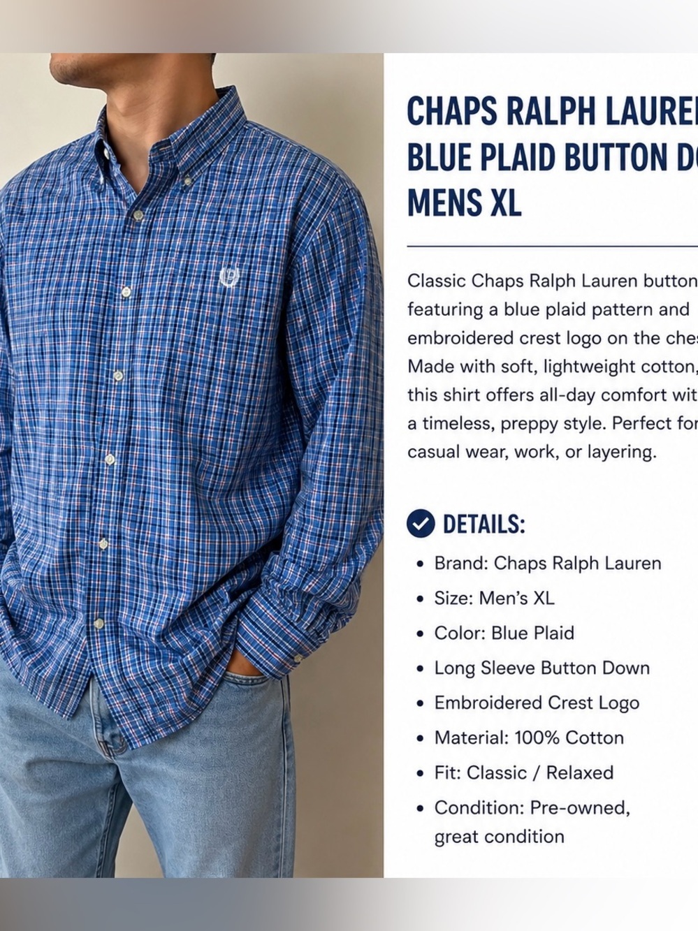 Chaps Blue Plaid Button Down Shirt Men’s XL Custom Fit Long Sleeve Cotton Preppy
